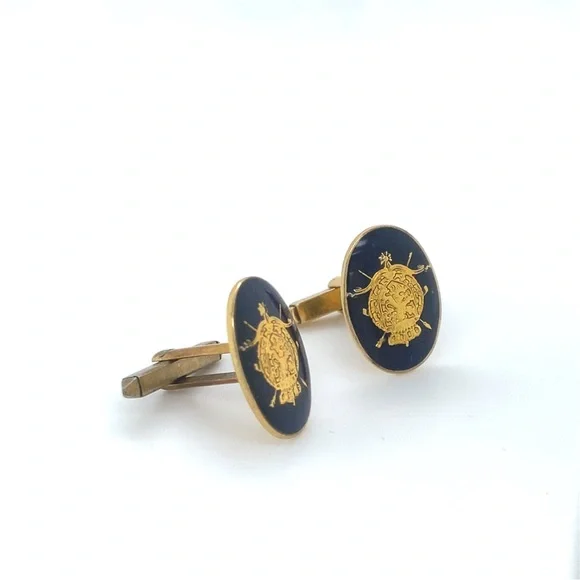 Elegant Gold Emblem Blue Enamel Oval Cufflinks